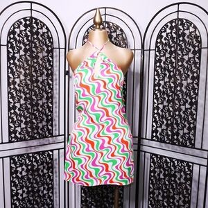 ZARA Halter Satin Mini Dress in Retro Groovy Colorful Print Size M, 70's, Summer